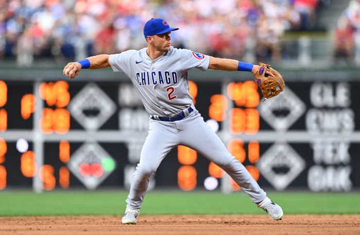 Chicago Cubs shortstop Nico Hoerner fields a ball at Citizens Bank Park in Philadelphia.